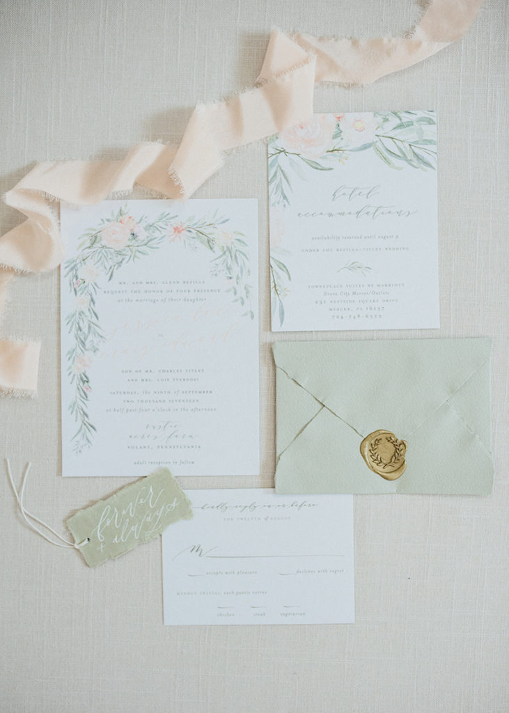 Peach, Sage and Gold Floral Watercolor Wedding Invitations | Blush Paper Co.