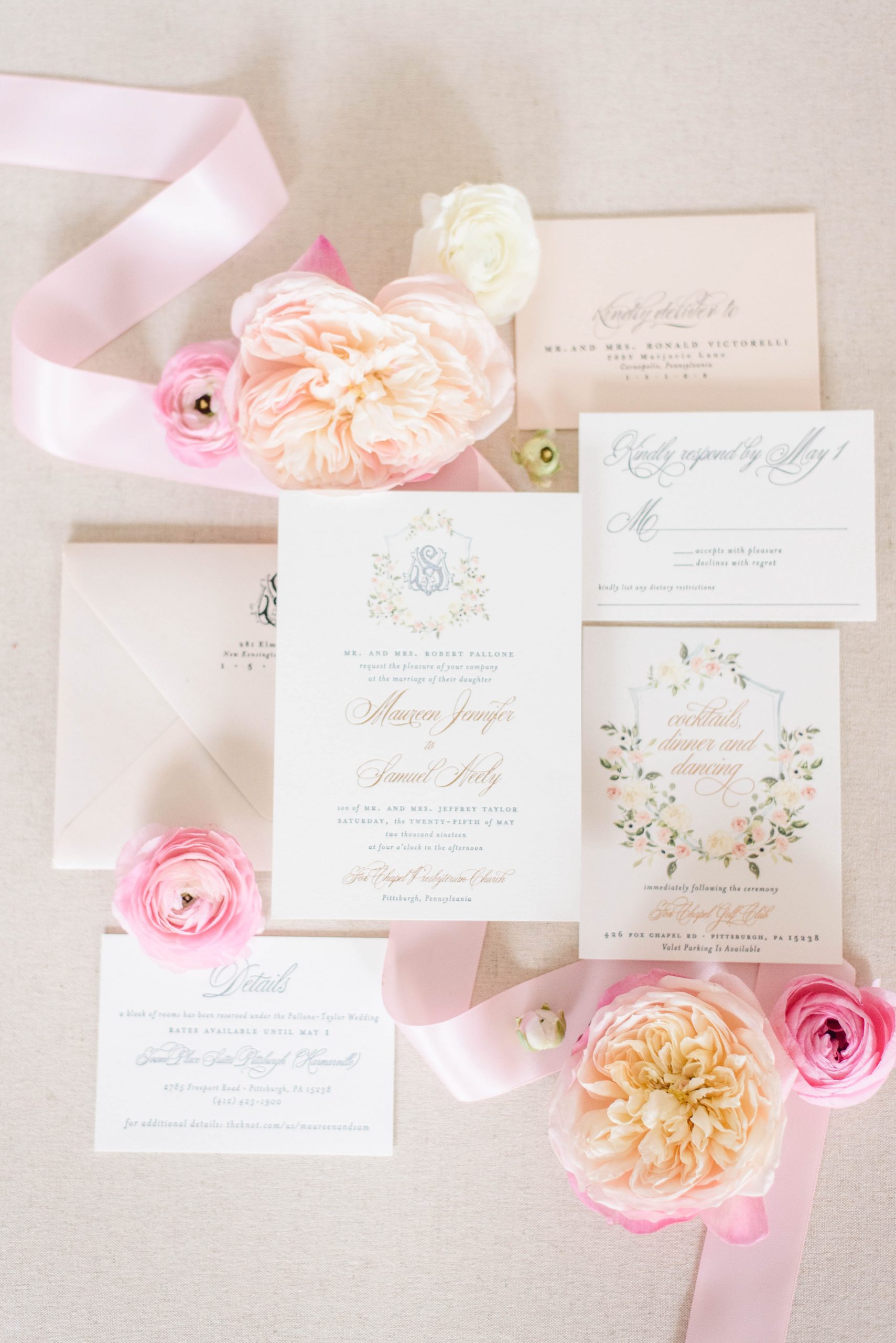 Wedding Monogram Invitations in Pink and Blue