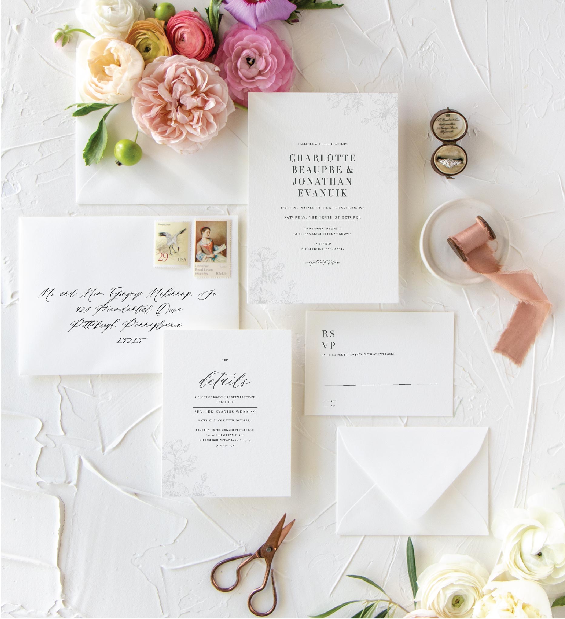 Modern Floral Typography Wedding Invitations